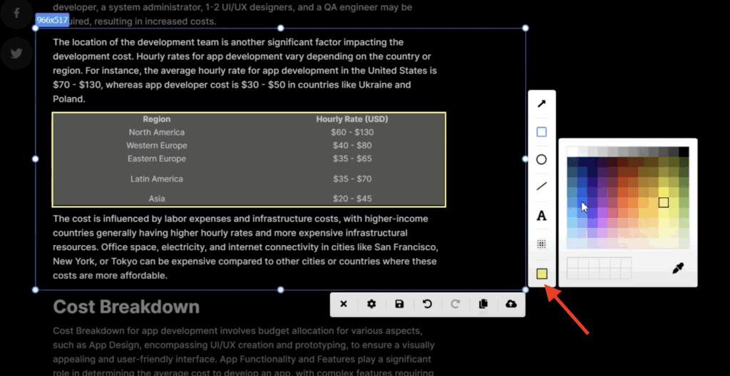 the red arrow points to the yellow-colored rectangle on the toolbar, which launches the color picker option