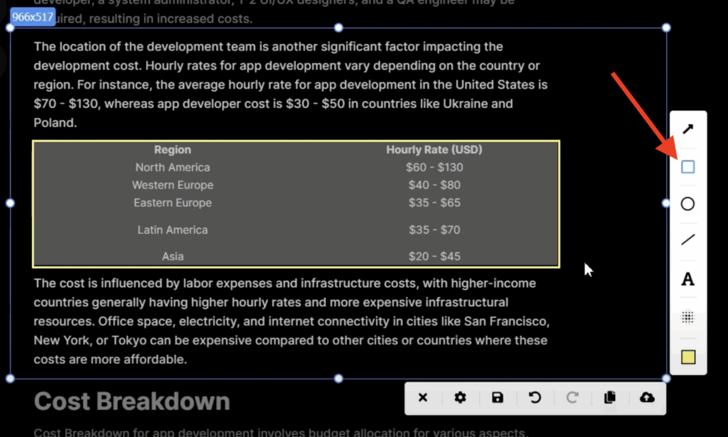 the red arrow points to the rectangle on the toolbar to select a square area