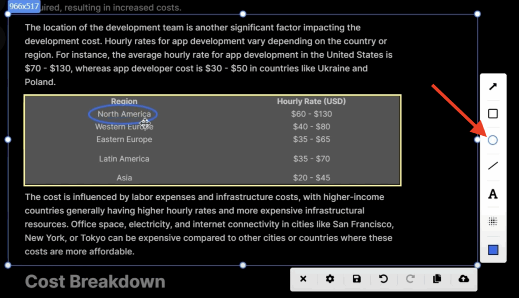 a red arrow points to a circle on the toolbar that highlights the selected text