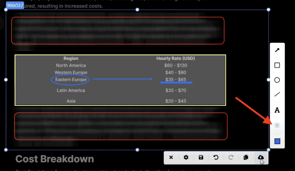 the red arrow points to the blur option on the toolbar and the red-highlighted blured areas of the text