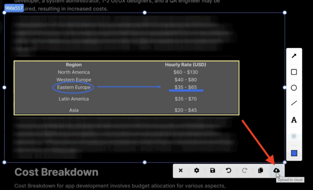 the red arrow points to the Upload to cloud option on the toolbar 