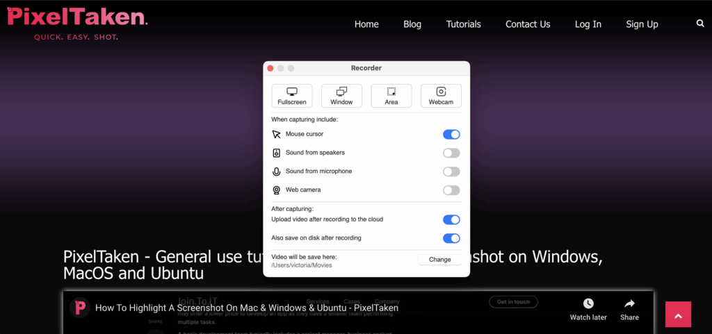 video settings window in PixelTaken app
