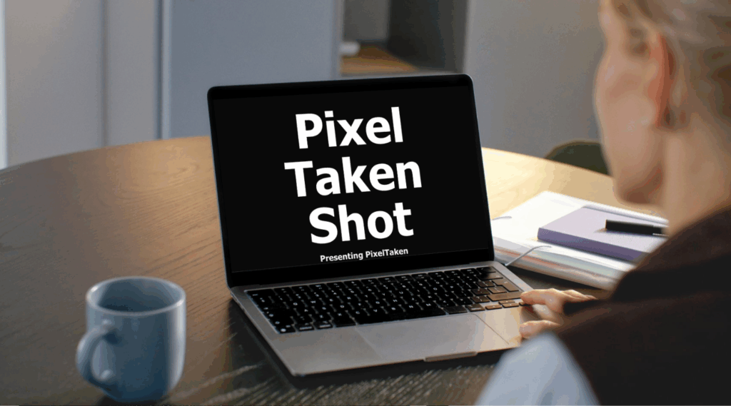a girl at a laptop with an open PixelTaken tool