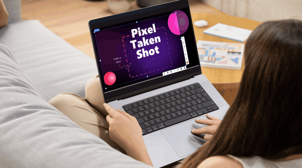 girl opened PixelTaken tool on the laptop girl is sitting on the couch and opened Windows screenshot tool on the laptop