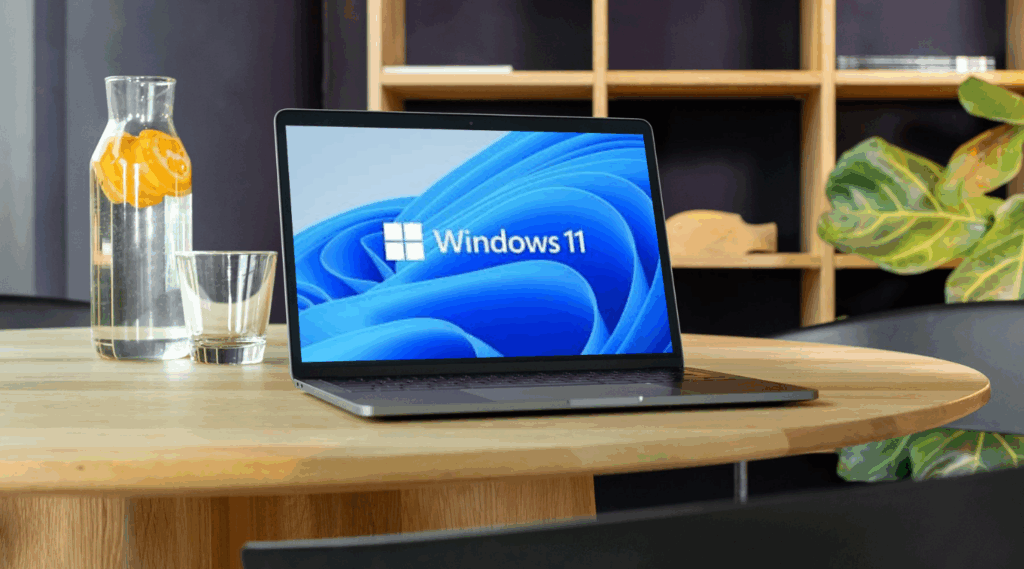 a laptop is on a table with the Windows logo displayed on the screen laptop is on a table with the Windows logo displayed on the screen