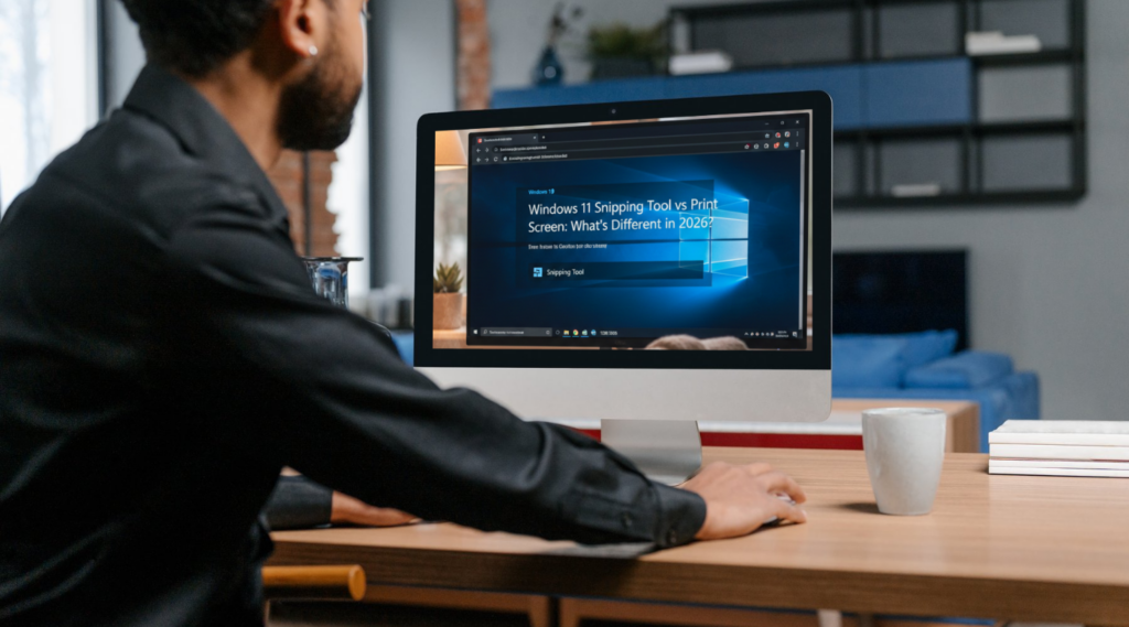the guy in the office is opened the article on the computer about Windows 11 Snipping tool the guy is opened the article on the computer about Windows 11 Snipping tool