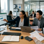 Managers discussing financial figures in the office