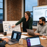 Startup team working together on MVP documentation using laptops in a collaborative workspace