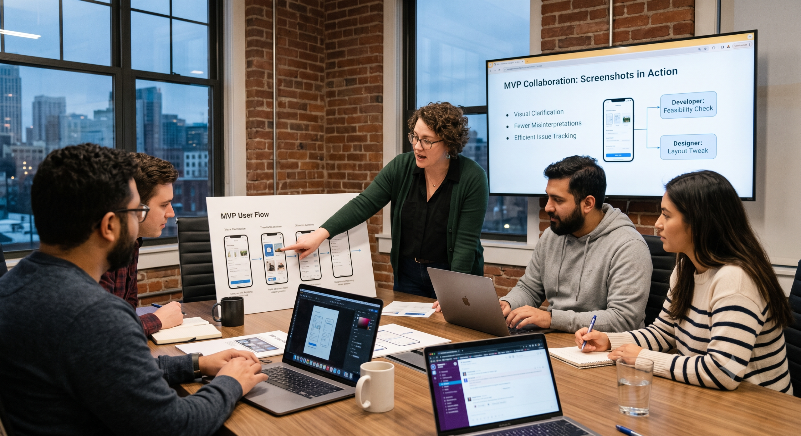 Startup team working together on MVP documentation using laptops in a collaborative workspace