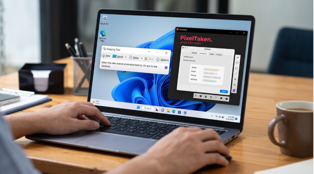 Windows Screenshot Tool and PixelTaken are opened on the laptop
