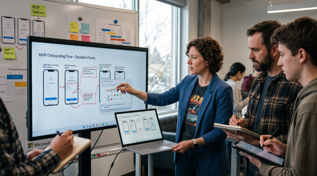 Startup team using Windows screenshots to review MVP onboarding flow 