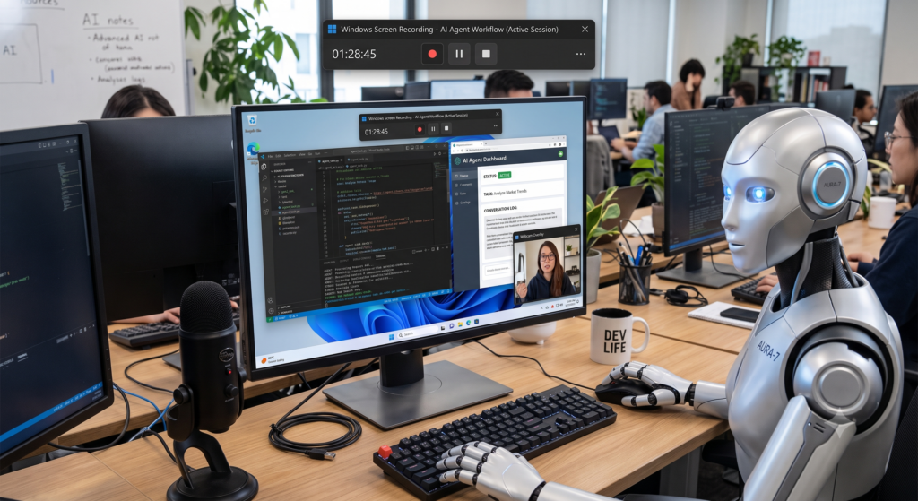 AI agent using Windows screen recording with microphone and webcam overlay to demonstrate and monitor an automated desktop workflow.