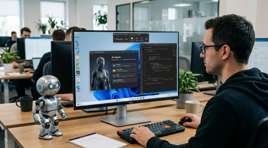 Developer using Windows screen recording software to capture and review an AI agent workflow in a modern office.