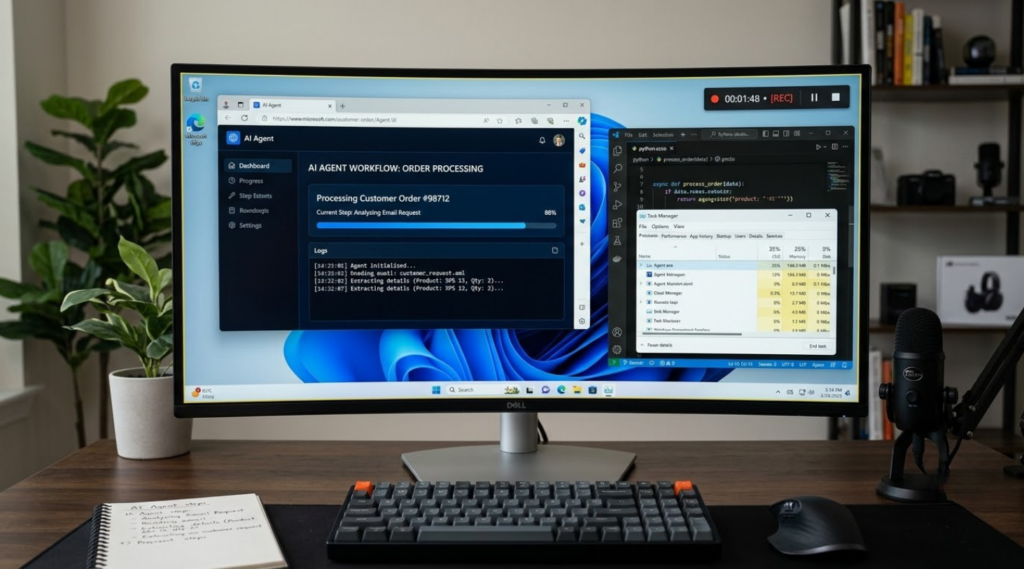 Windows screen recording of an AI agent workflow with order processing, code, and system monitoring tools displayed on a desktop.