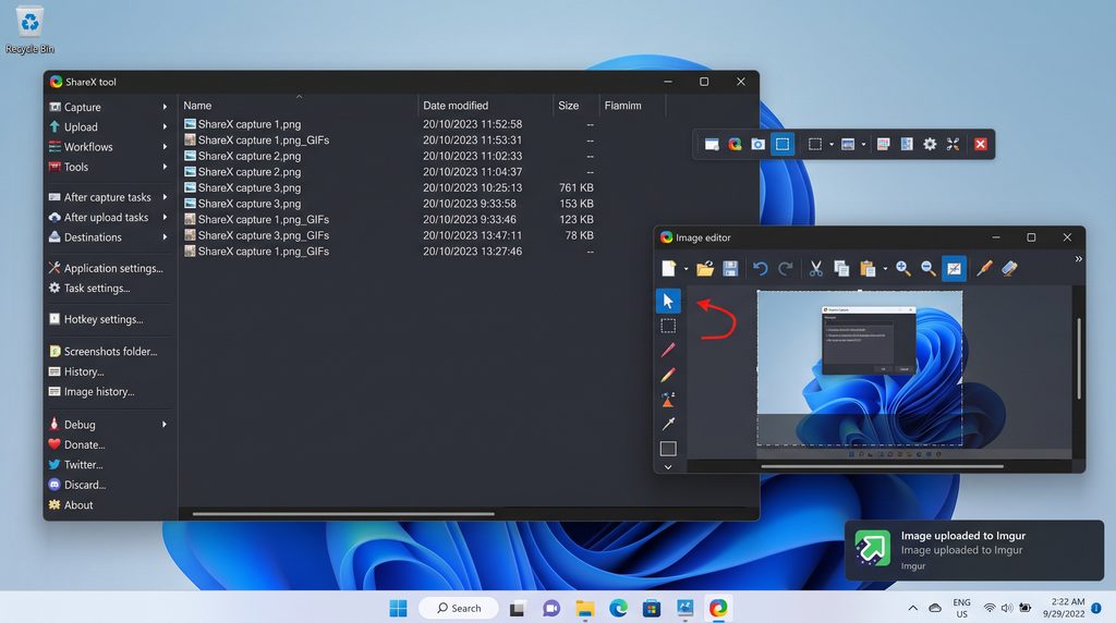 ShareX Windows screen capture tool showing screenshot history, capture toolbar, image editor, and Imgur upload on Windows 11