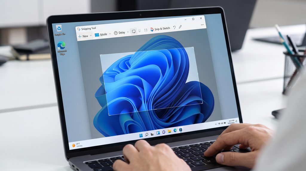 Microsoft Snipping Tool selecting a custom screen capture area on a Windows 11 laptop.