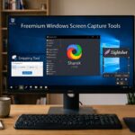 Freemium Windows screen capture tools, including Snipping Tool, ShareX, and Lightshot, displayed on a desktop monitor.