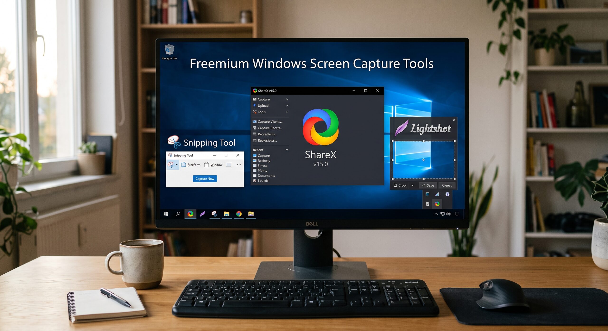 Freemium Windows screen capture tools, including Snipping Tool, ShareX, and Lightshot, displayed on a desktop monitor.