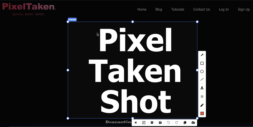 PixelTaken Windows screenshot capture tool showing a selected area and annotation controls for arrows, shapes, text, blur, and drawing.