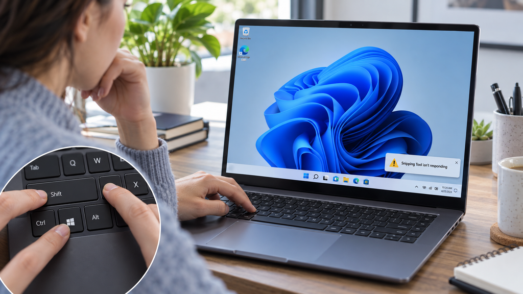 User pressing Win + Shift + S on a Windows 11 laptop while a “Snipping Tool isn’t responding” notification appears.