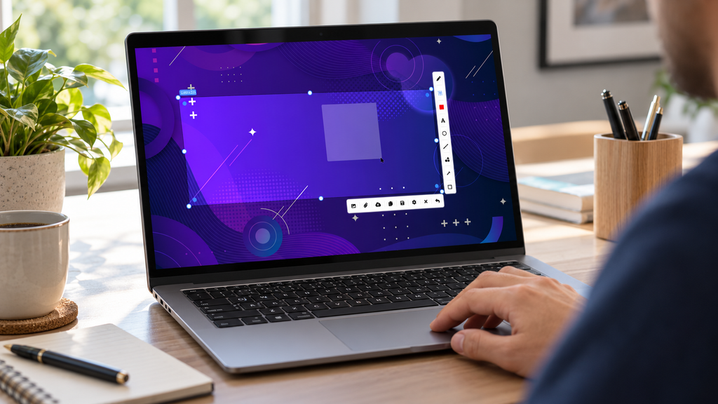 User capturing and annotating a Windows screenshot with the PixelTaken screen capture tool on a laptop.