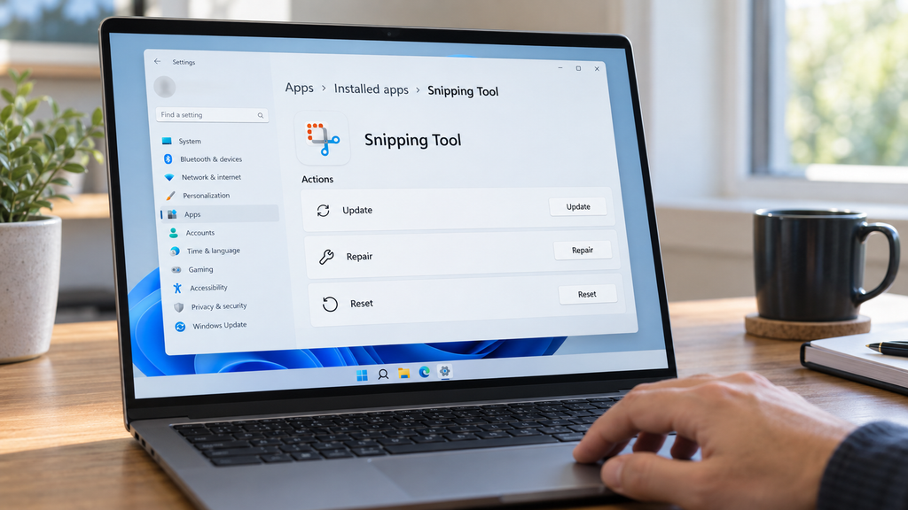 Windows 11 settings showing Update, Repair, and Reset options for the Snipping Tool on a laptop screen.