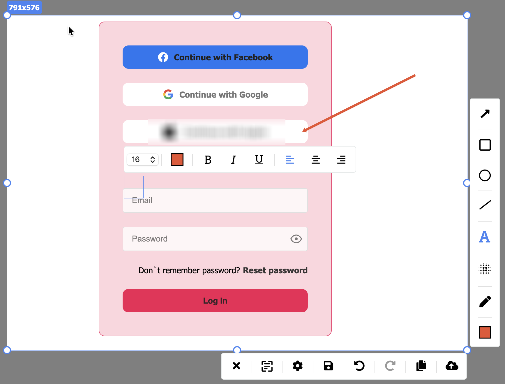PixelTaken editor with an arrow, a text note and a highlight on a captured form