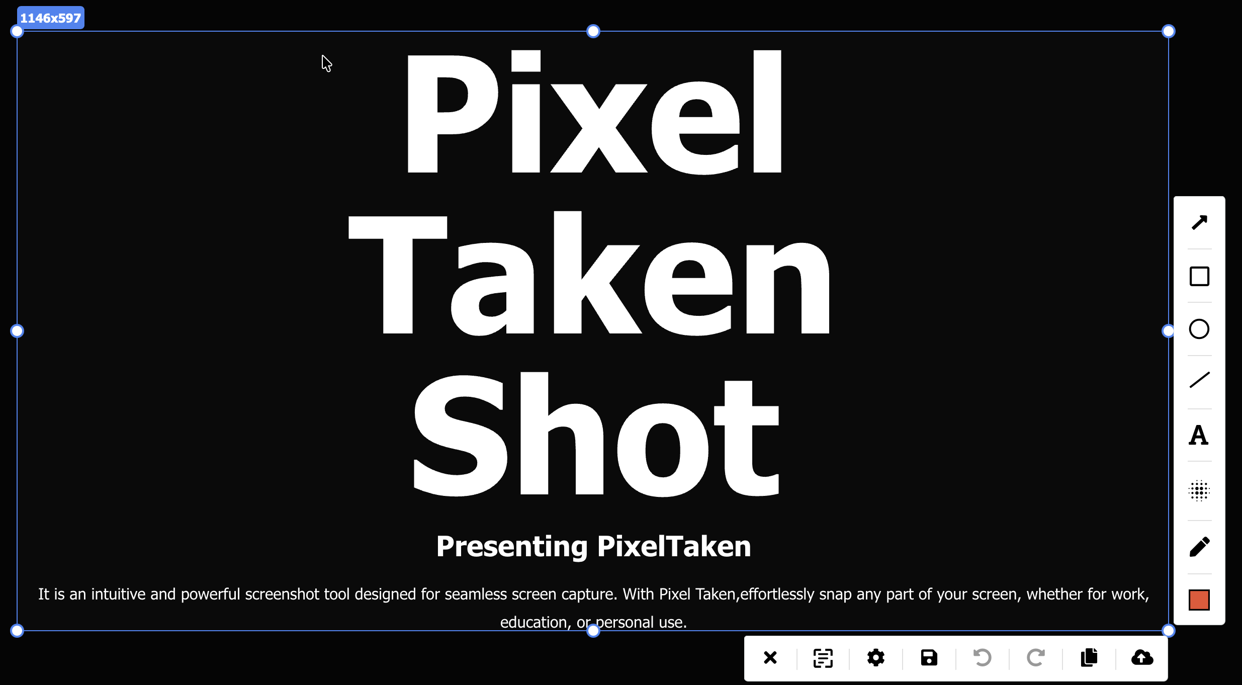 PixelTaken capture window with the annotation toolbar beside the selection