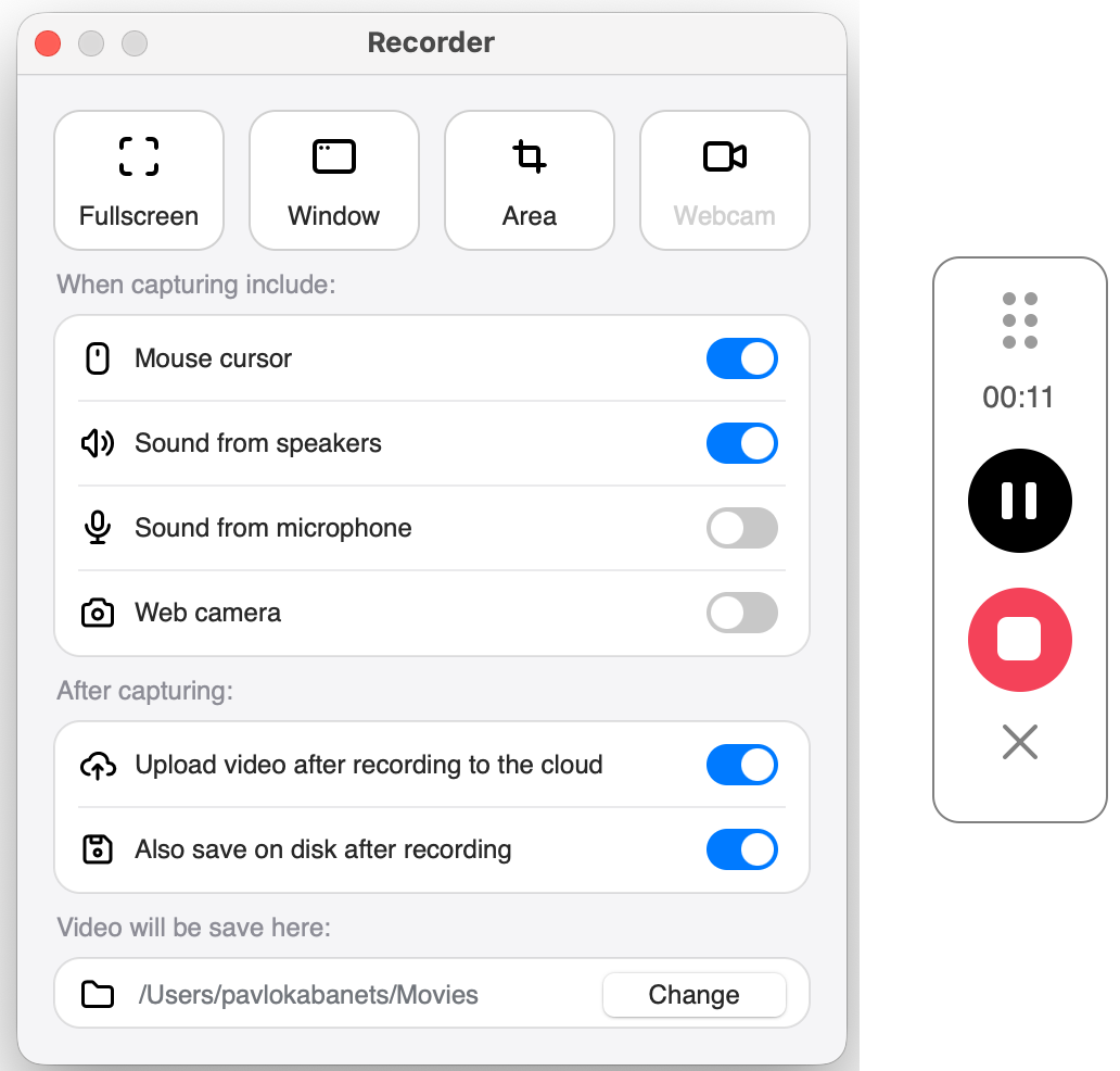 PixelTaken Recorder settings window beside the floating recording controls