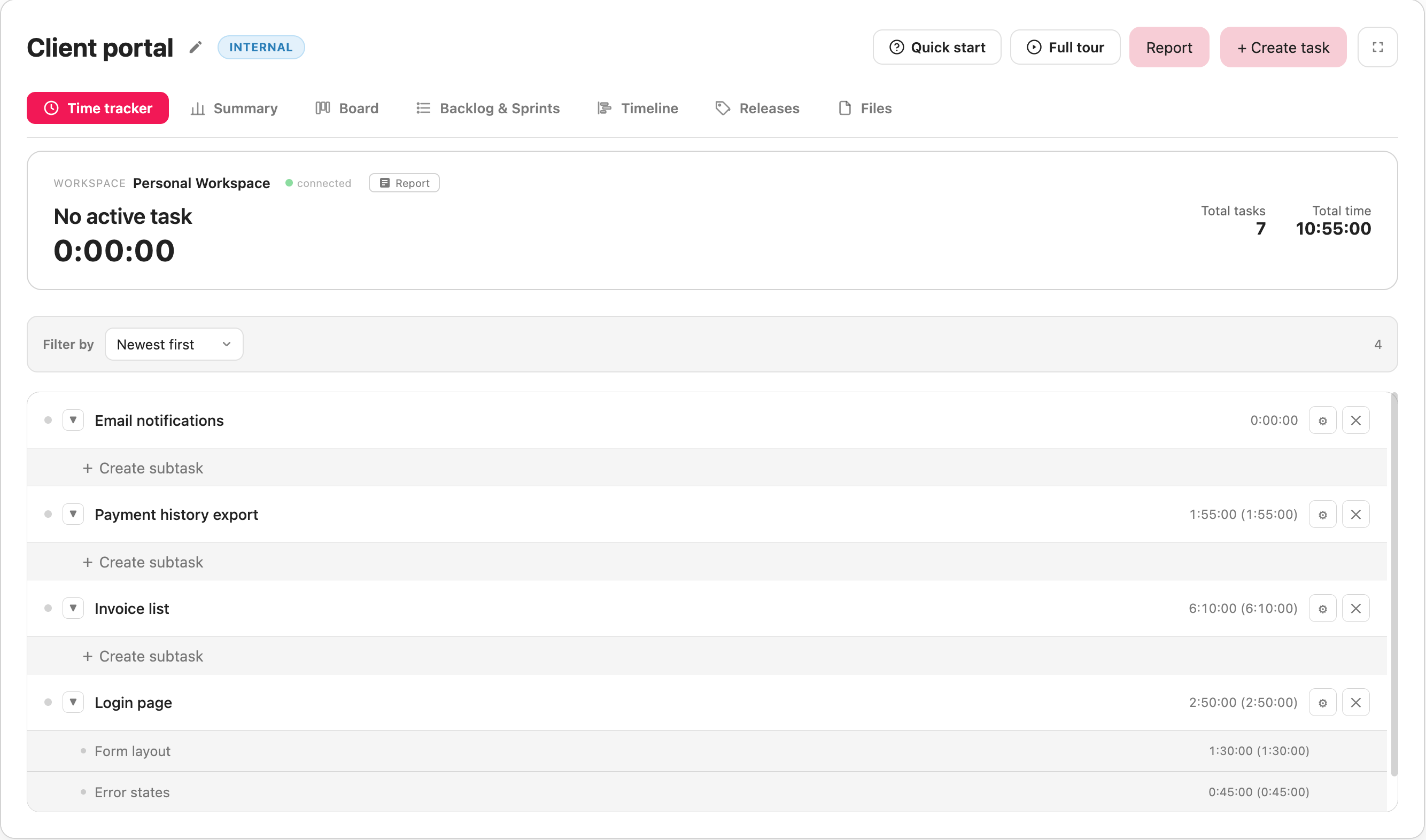 PixelTaken Time Tracker — workspace totals above a project’s tasks and subtasks, each with its tracked time