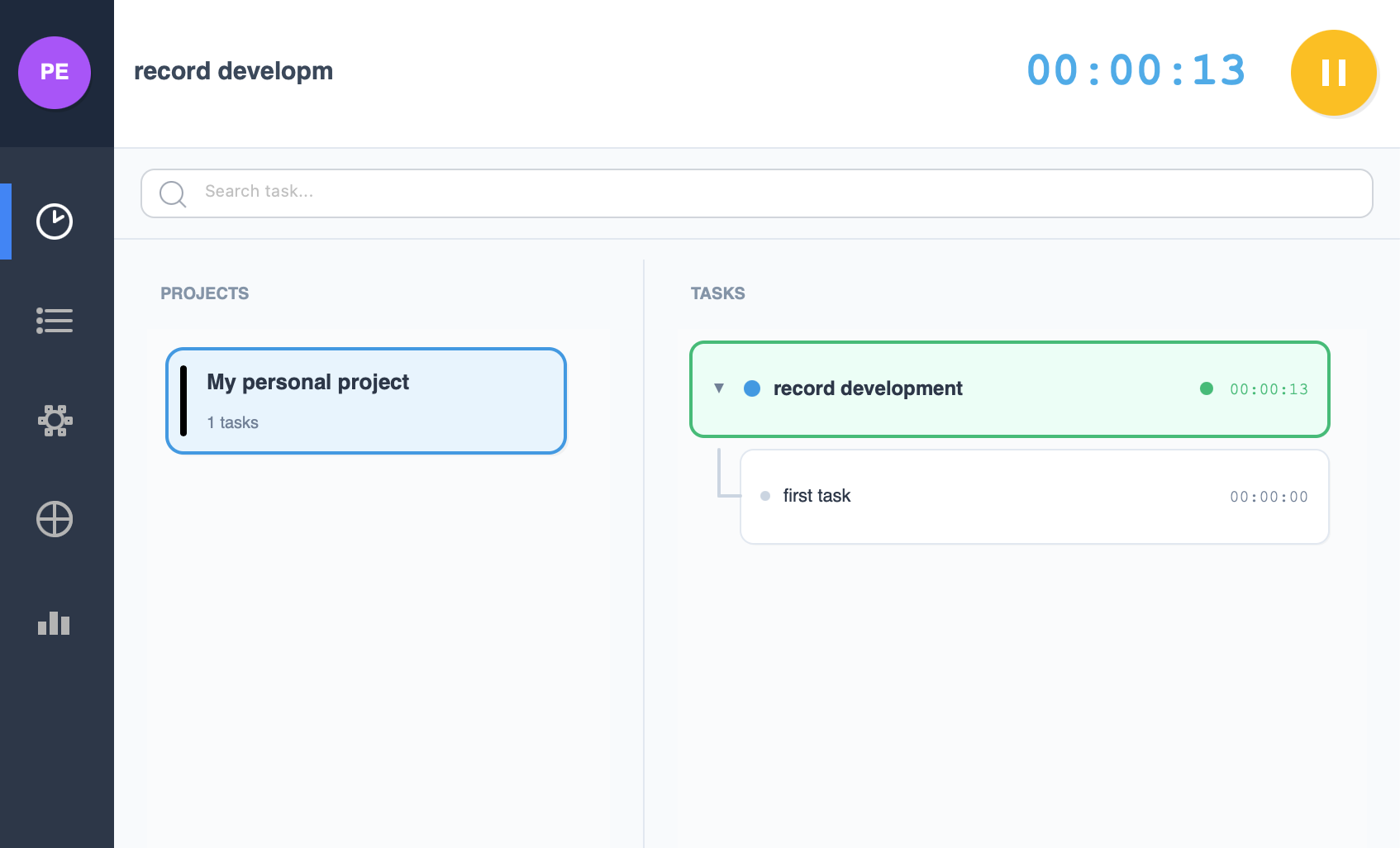 PixelTaken Time Tracker — a running timer above the projects and tasks columns